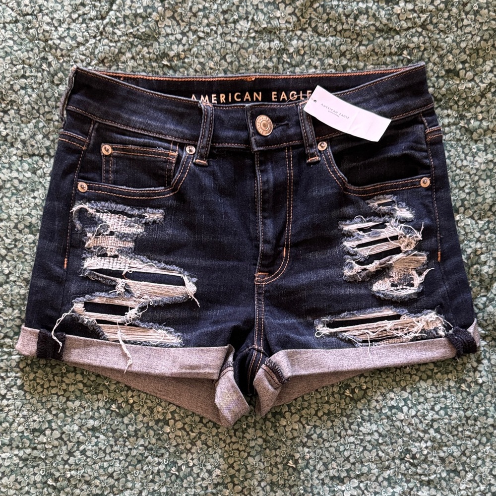 American Eagle Outfitters Ripped Jean Shorts - Dark Blue